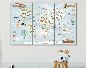Animal World Map Canvas: Kids Nursery Decor, Large Wall Art