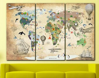 Animal World Map Canvas Print: Kids Nursery Decor, Large Wall Art
