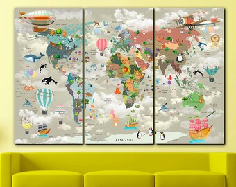 Animal World Map Canvas: Kids Nursery Decor, Large Wall Art