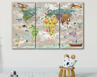 Animal World Map Canvas: Kids Nursery Decor, Large Wall Art