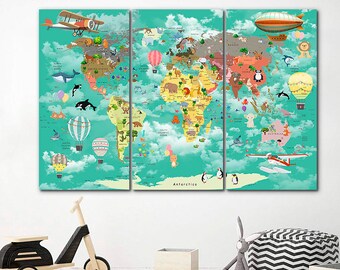 Animal World Map Canvas: Kids Nursery Decor, Large Wall Art
