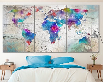 Color world map canvas Extra large wall art Travel poster World map World map decor Large world map Travel art Push pin map canvas