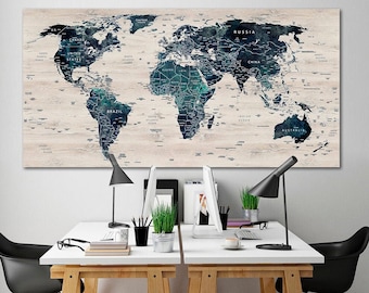 World Map Canvas Print: Large Travel Art, Push Pin Decor