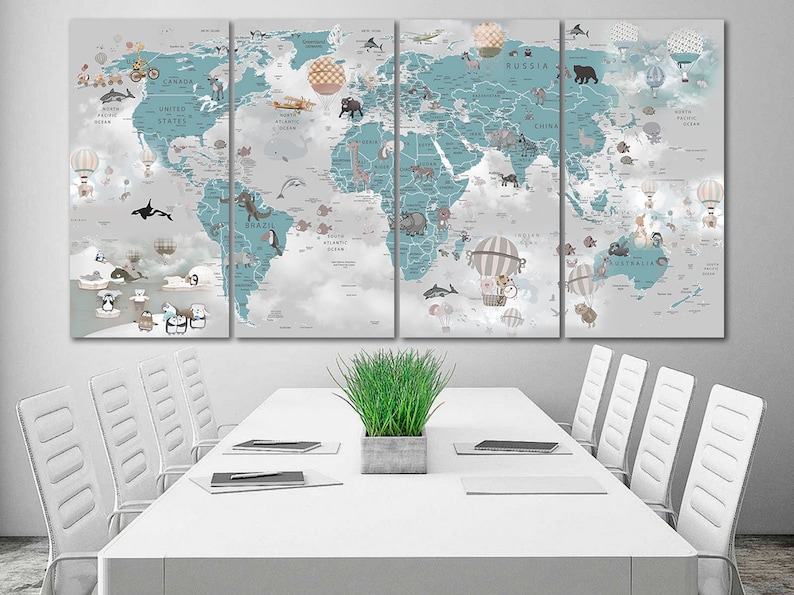 Nursery world map canvas Kids world map decor Large world map Decoration kids room art Animal map canvas kinderzimmer deko Childrens map image 7