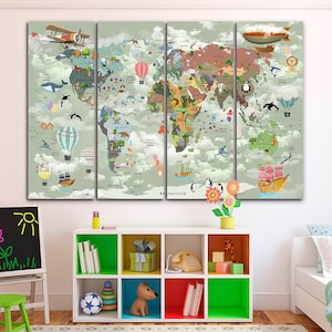 Kind Weltkarte Leinwand Kid room decor 1. Geburtstag Dekoration Spielzimmer Wandkunst Wohnzimmer Wandkunst Kind Wandkunst Große Tiere Weltkarte