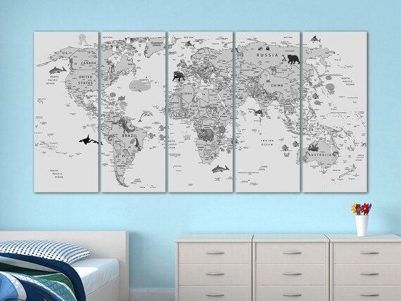 Animal world map canvas Decor for children's room Kid world map decor ...