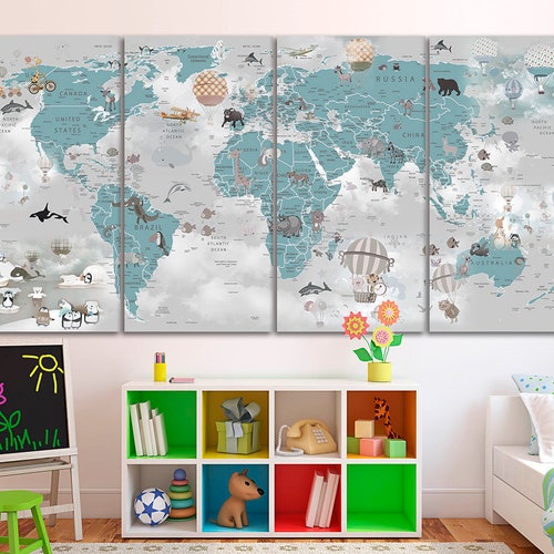 World Map Canvas Print Nursery Wall Art Kids Room Décor Etsy