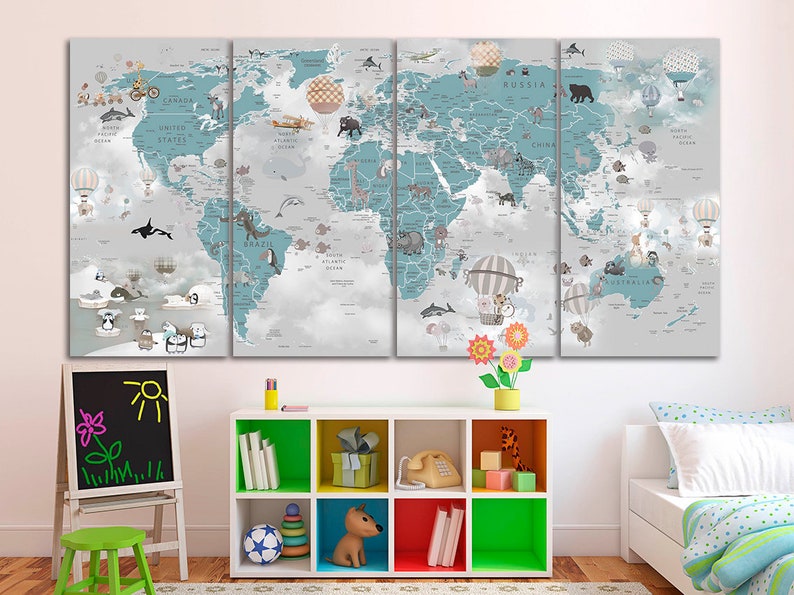 Nursery world map canvas Kids world map decor Large world map Decoration kids room art Animal map canvas kinderzimmer deko Childrens map image 1