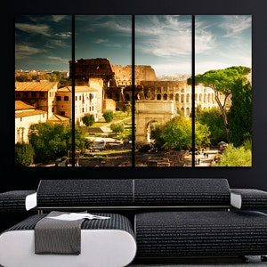 May include: A panoramic view of the Colosseum in Rome, Italy. The ancient Roman amphitheater is surrounded by trees and buildings. The image is split into four sections, creating a multi-panel effect.