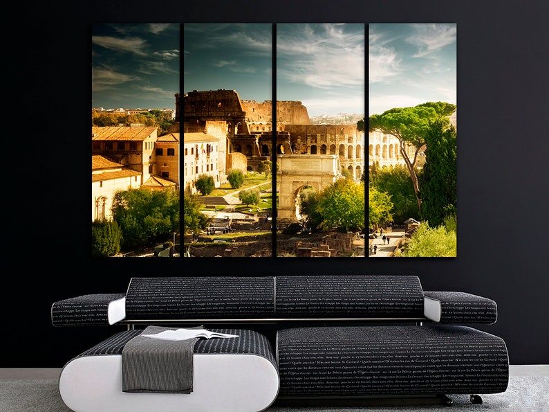 May include: A panoramic view of the Colosseum in Rome, Italy. The ancient Roman amphitheater is surrounded by trees and buildings. The image is split into four sections, creating a multi-panel effect.