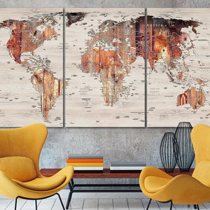 World map canvas Wood map decor Large world map Travel art Push pin map canvas Extra large wall art Travel poster Push pin canvas World map image 1