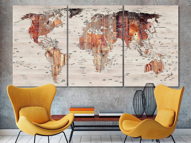 World map canvas Wood map decor Large world map Travel art Push pin map canvas Extra large wall art Travel poster Push pin canvas World map image 1