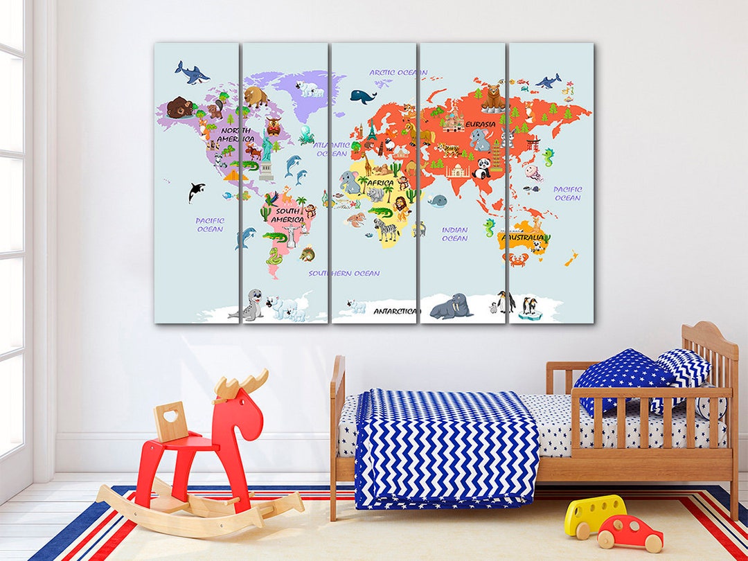 Animal World Map Canvas: Kids Nursery Decor, Large Wall Art - Etsy