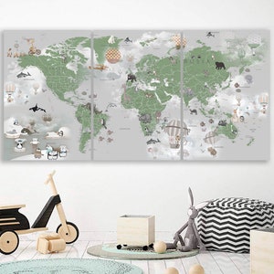 Kinderzimmer Weltkarte in SPANISCH Weltkarte Leinwand Mapa del mundo en español Tiere Weltkarte Dekor Kinder Weltkarte Kontinent Kunst Große Weltkarte