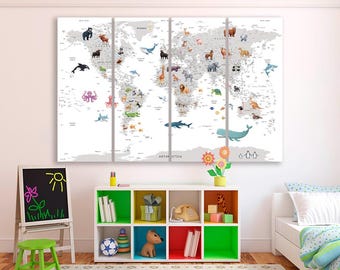 Animal World Map Canvas: Kids Nursery Decor, Playroom Wall Art