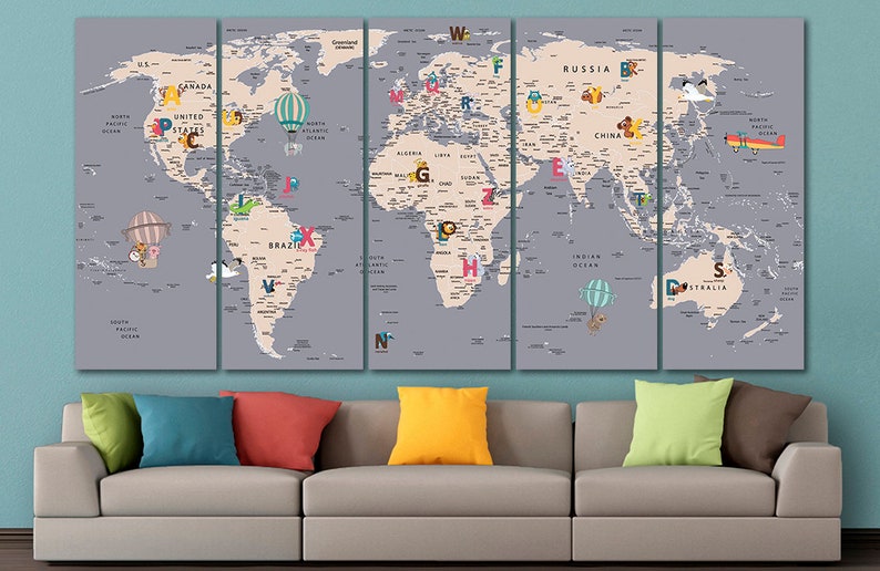 Grey World Map Canvas Kids World Map Nursery Wall Art Large Etsy