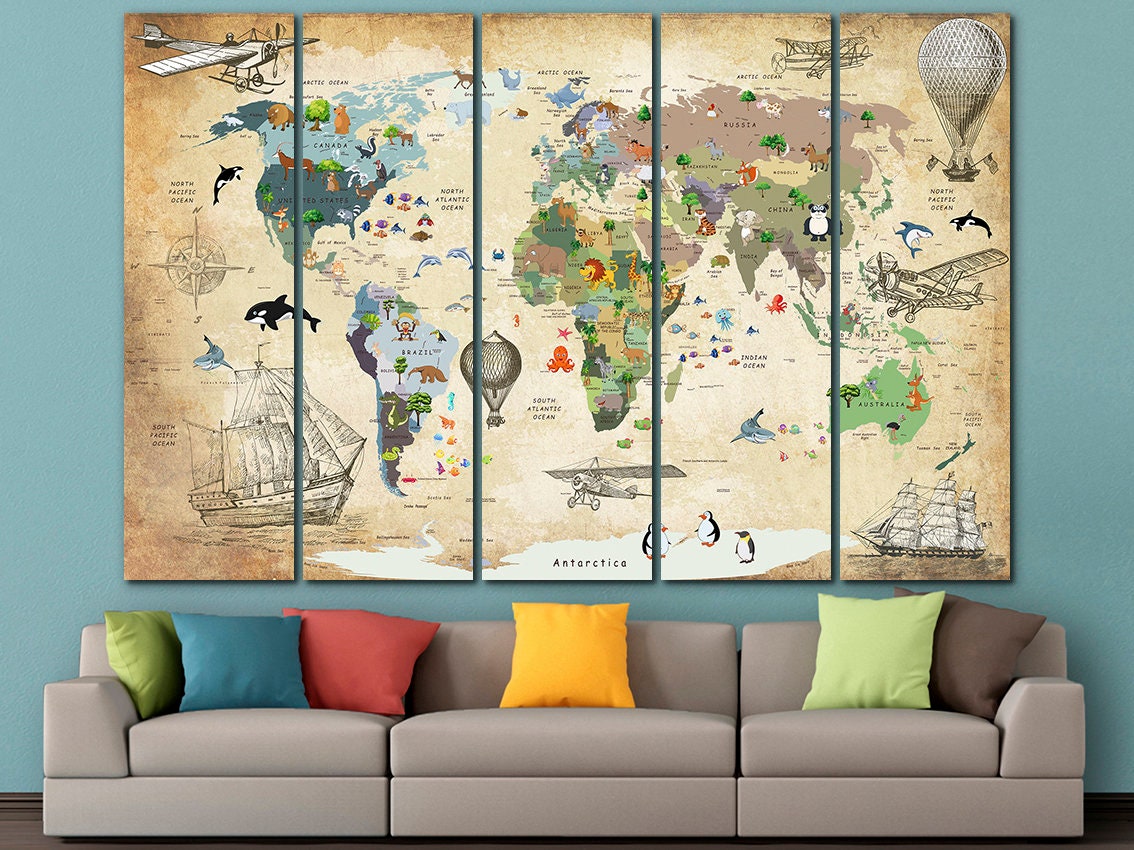 Animal World Map Canvas Print: Kids Nursery Decor, Large Wall Art - Etsy