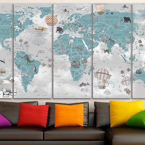 Nursery world map canvas Kids world map decor Large world map Decoration kids room art Animal map canvas kinderzimmer deko Childrens map image 8