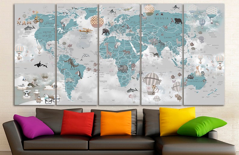 Nursery world map canvas Kids world map decor Large world map Decoration kids room art Animal map canvas kinderzimmer deko Childrens map image 8