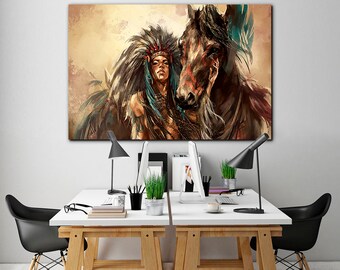 Impresión en lienzo de una mujer nativa americana y un caballo: decoración para habitación infantil