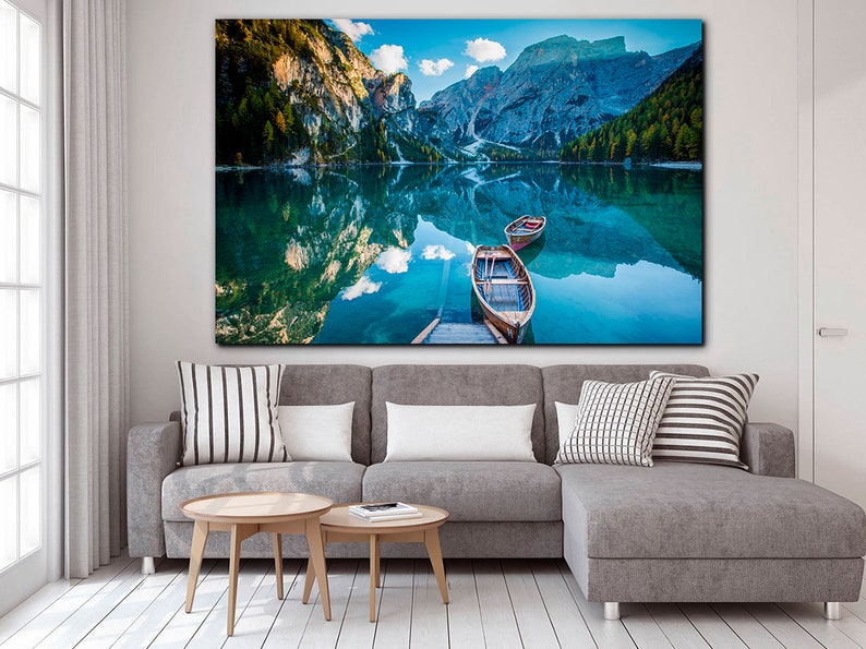 Lake canvas River wall art Lake print art Landscape print Boat Etsy