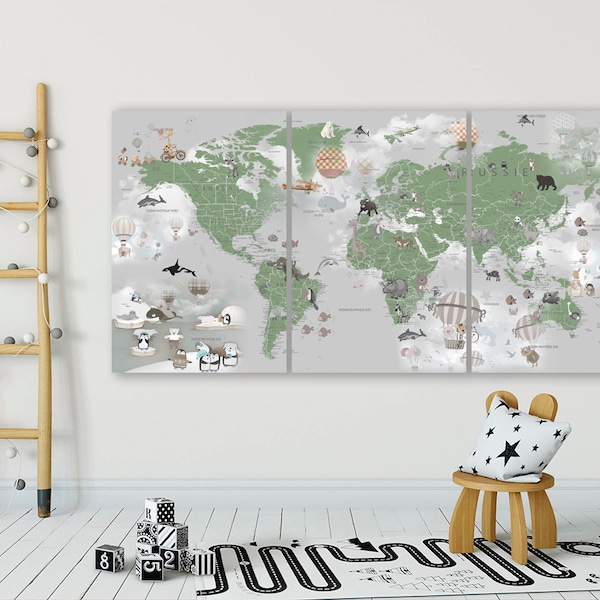 Nursery World Map in FRENCH Kids World map canvas Carte du monde en français Large world map Decoration kids room art Animal map canvas