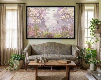 Cuadro decorativo de bosque caprichoso, decoración infantil de lavanda, lámina de jardín de colibríes, arte mágico de la naturaleza del bosque, lienzo vertical grande de flores.