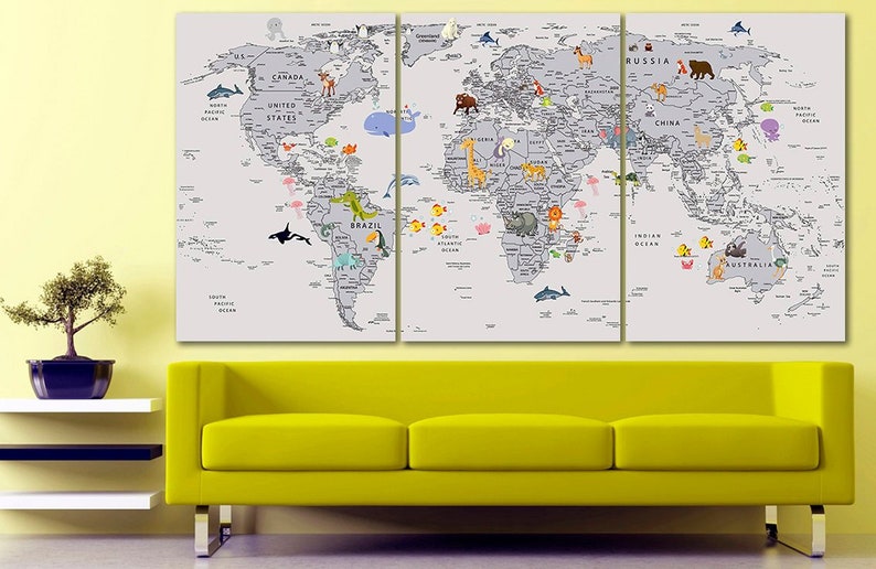 Animal World Map Canvas Kids World Map Decor Large World Map Etsy