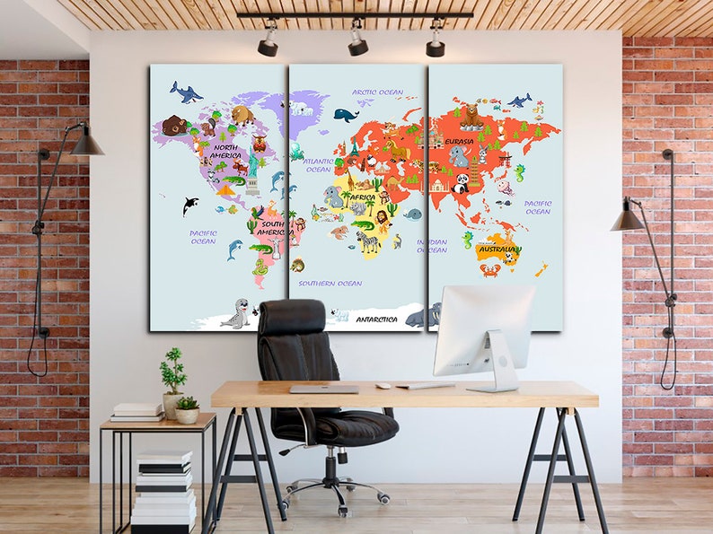 Animal world map canvas Kids world map decor Large world map Etsy
