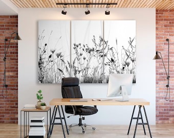 Cuadro de flores silvestres en blanco y negro, gran tríptico de arte mural de pradera, lámina botánica minimalista, decoración del hogar inspirada en la naturaleza, conjunto de láminas.