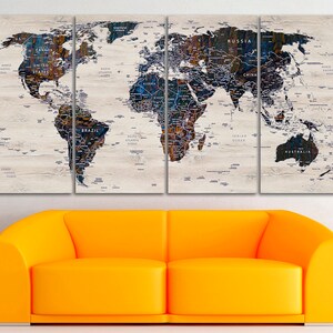 World Map Canvas Wood Map Decor Large World Map Travel Art Push Pin Map ...