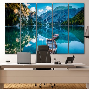 Mountain Lake Canvas Lake Braies Print art River wall art Boats Canvas Landscape print Nature decor Mountains art Home decor canvas
