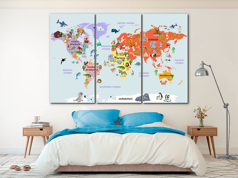 Animal world map canvas Kids world map decor Large world map Etsy