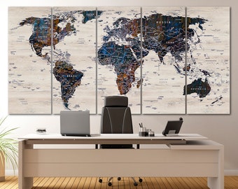 Large World Map Canvas: Wood Decor, Travel Push Pin Art