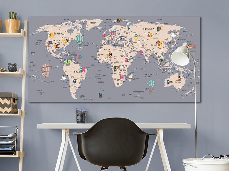 Grey World Map Canvas Kids World Map Nursery Wall Art Large Etsy