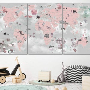 Kinder rosa Weltkarte Leinwand Kinderzimmer Weltkarte Dekor extra große Wandkunst Tier Karte Leinwand große Weltkarte Dekoration Kinderzimmer Kinderkarte