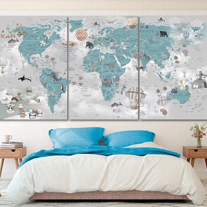 Nursery world map canvas Kids world map decor Large world map Decoration kids room art Animal map canvas kinderzimmer deko Childrens map image 3