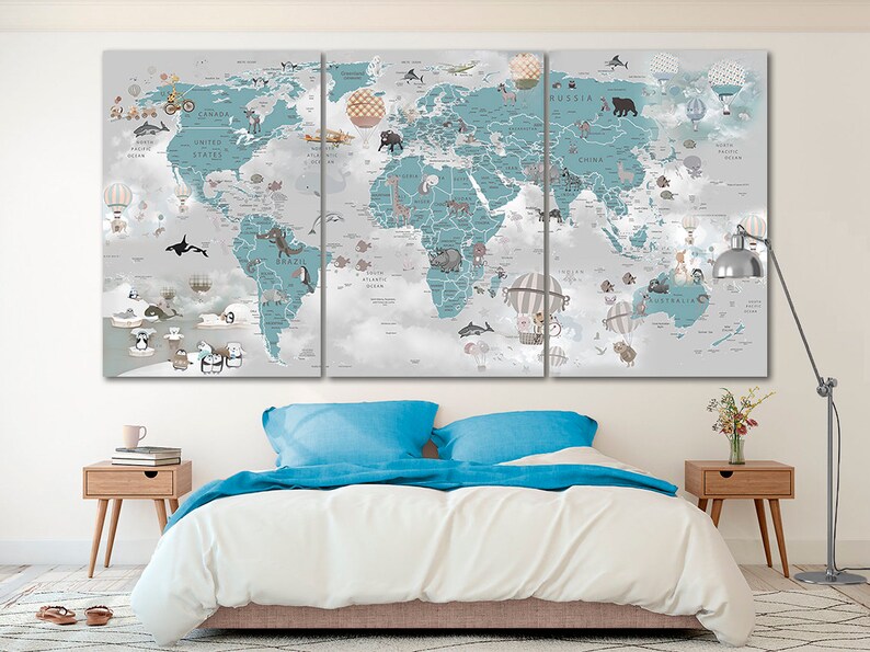 Nursery World Map Canvas Kids World Map Decor Large World Map Etsy