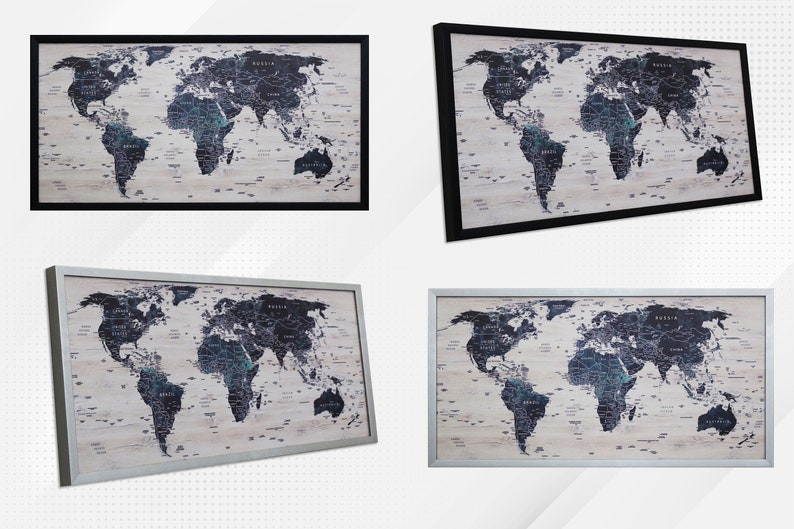 Puede incluir: Cuatro mapas del mundo enmarcados con un dise&ntilde;o en blanco y negro. Dos mapas est&aacute;n enmarcados en negro y dos mapas est&aacute;n enmarcados en plata.