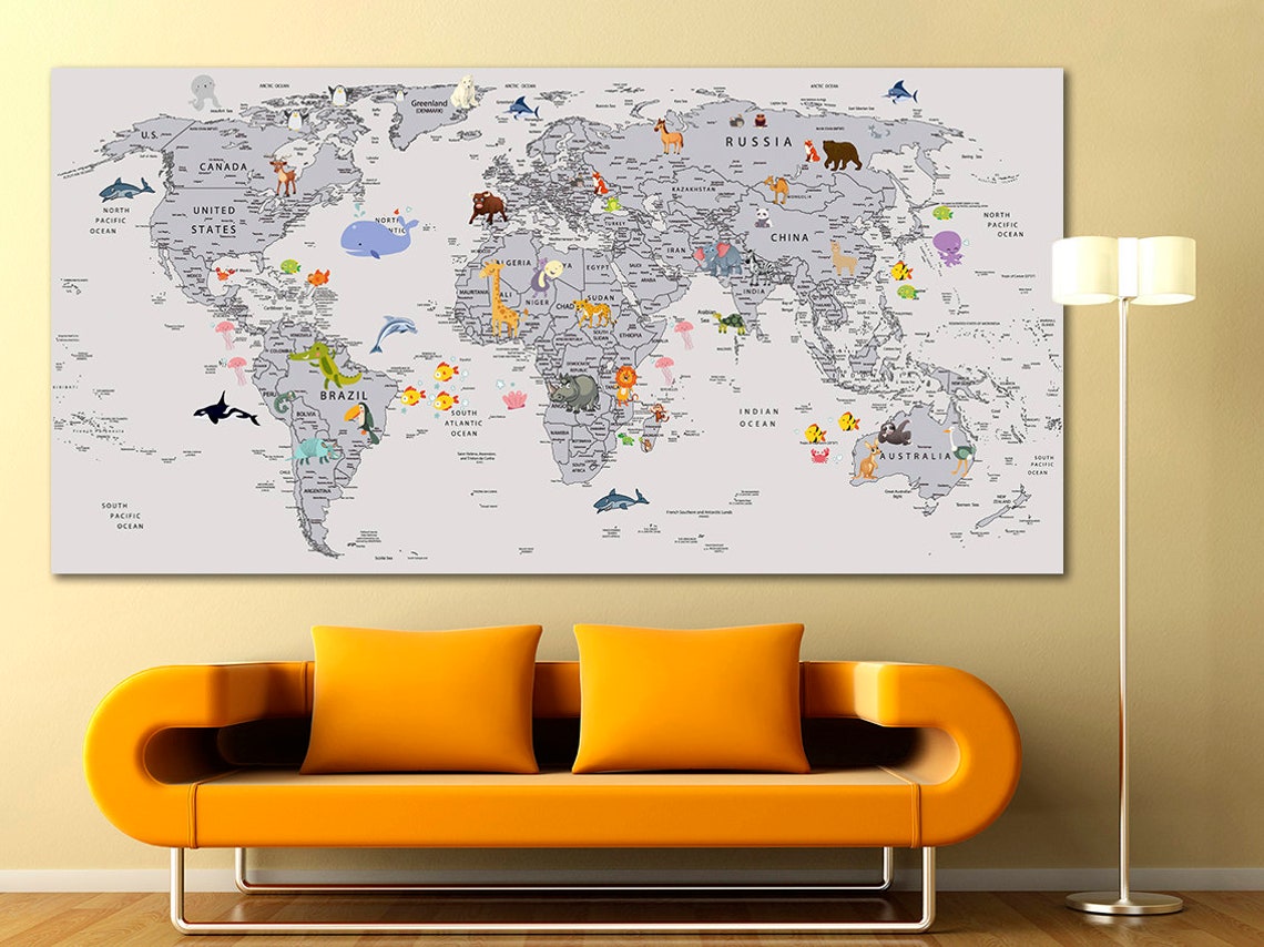 Animal World Map Canvas Kids World Map Decor Large World Map Etsy