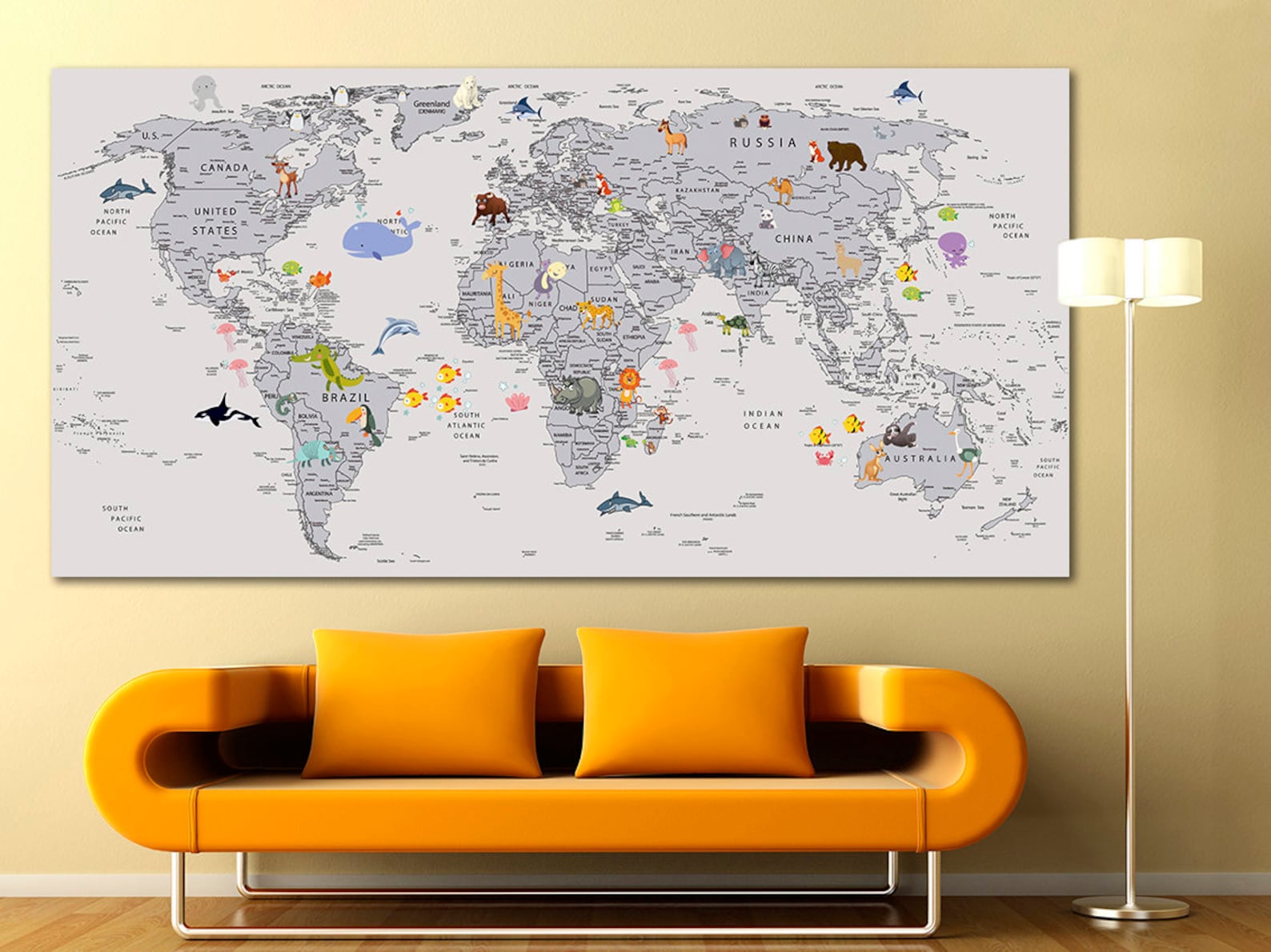 Animal World Map Canvas Kids World Map Decor Large World Map Etsy