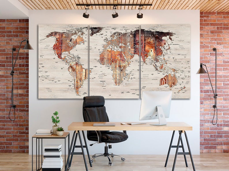 World map canvas Wood map decor Large world map Travel art Push pin map canvas Extra large wall art Travel poster Push pin canvas World map image 5