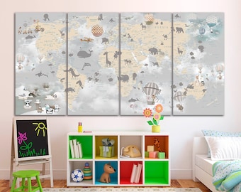 Animal World Map Canvas: Kids Nursery Wall Art Decor