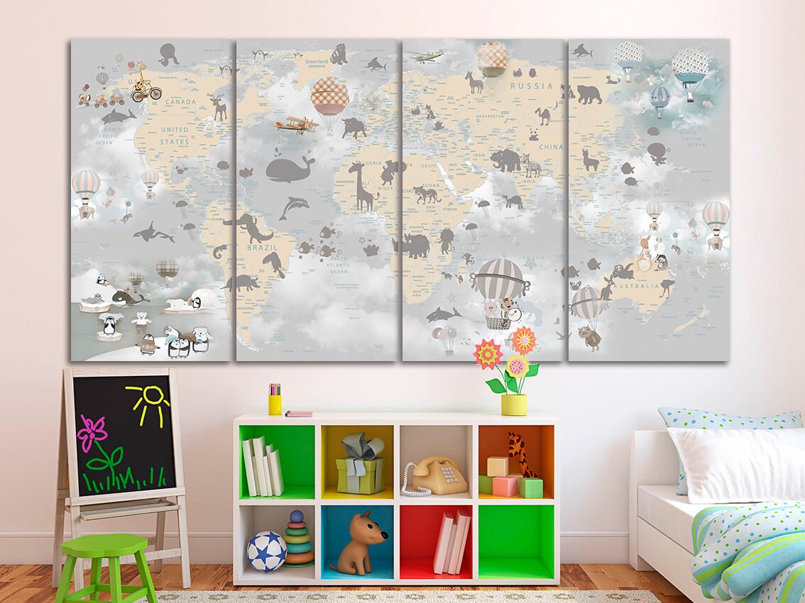 Animal World Map Canvas: Kids Nursery Wall Art Decor - Etsy