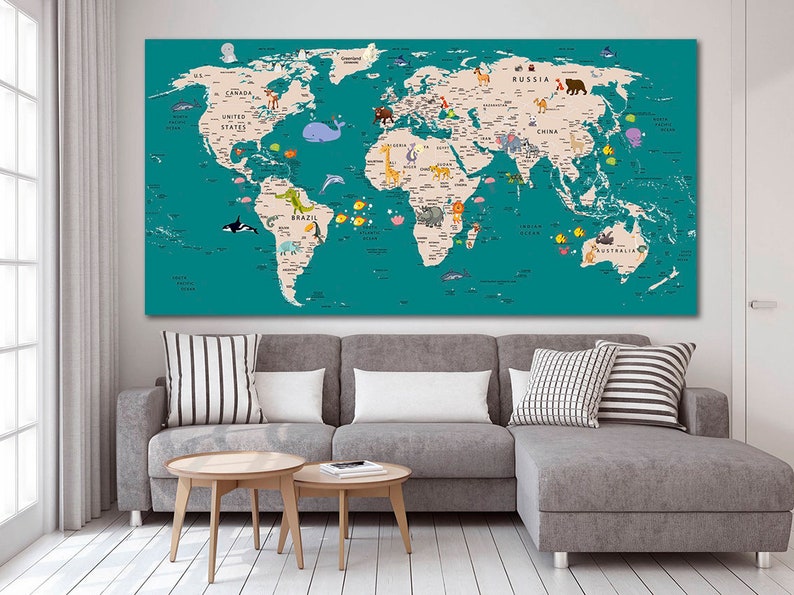 Animal World Map Canvas Kids World Map Decor Large World Map Etsy