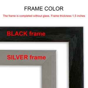 Puede incluir: Dos marcos de fotos, uno negro y otro plateado, con el texto "FRAME COLOR" y "The frame is completed without glass. Frame thickness 1.5 inches" sobre los marcos. El texto "BLACK frame" est&aacute; debajo del marco negro y el texto "SILVER frame" est&aacute; debajo del marco plateado.