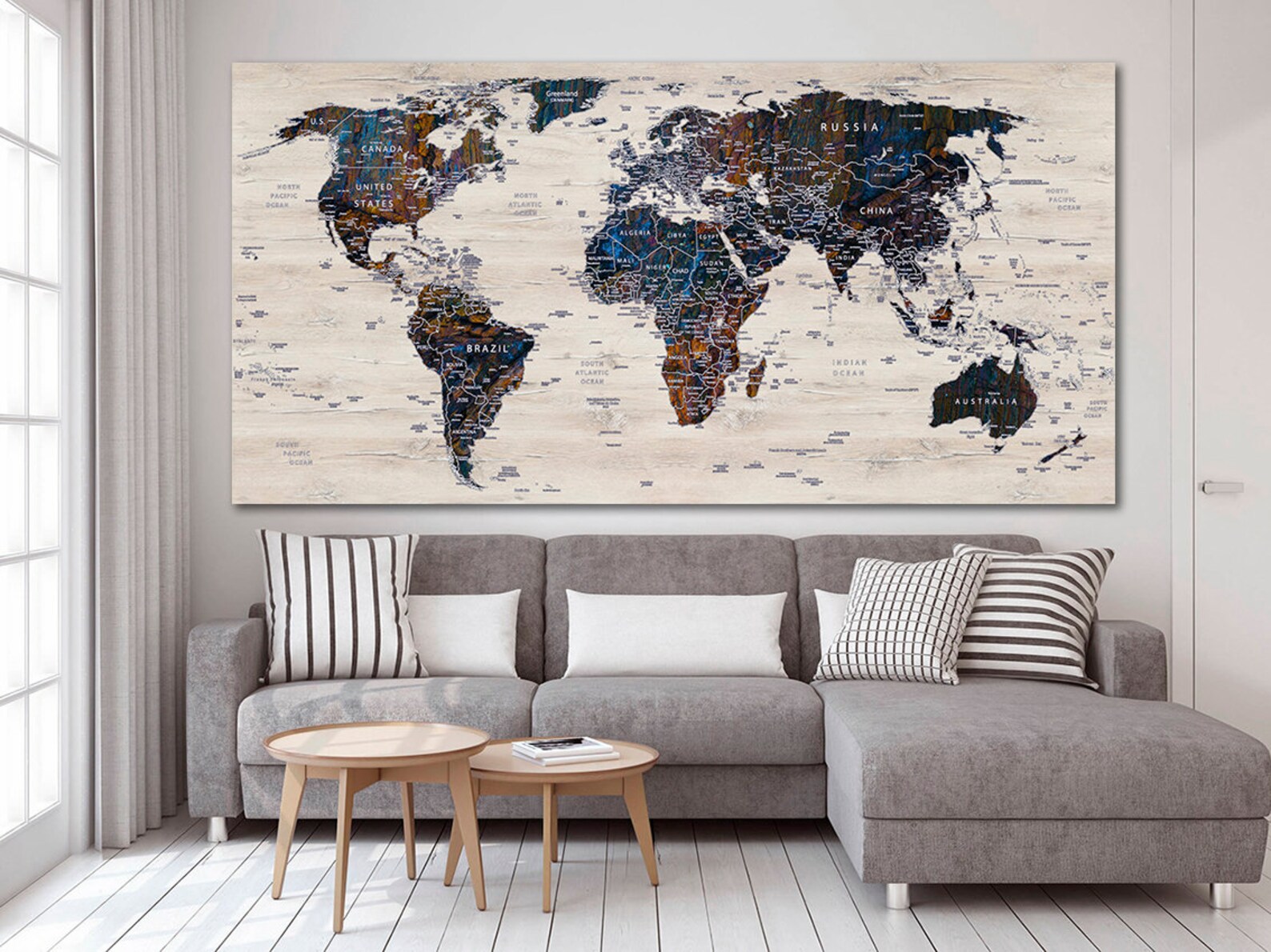 World Map Canvas Wood Map Decor Large World Map Travel Art | Etsy