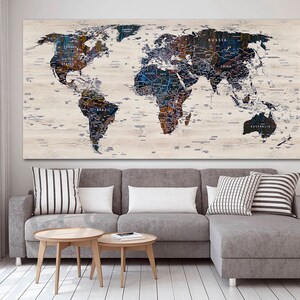 World Map Canvas Wood Map Decor Large World Map Travel Art Push Pin Map ...