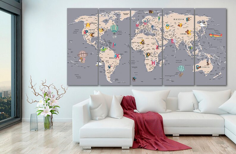 Grey World Map Canvas Kids World Map Nursery Wall Art Large Etsy