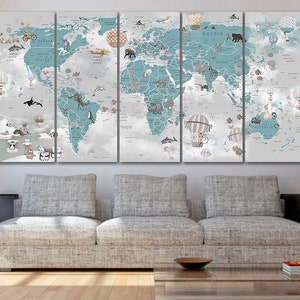 Nursery world map canvas Kids world map decor Large world map Decoration kids room art Animal map canvas kinderzimmer deko Childrens map image 9